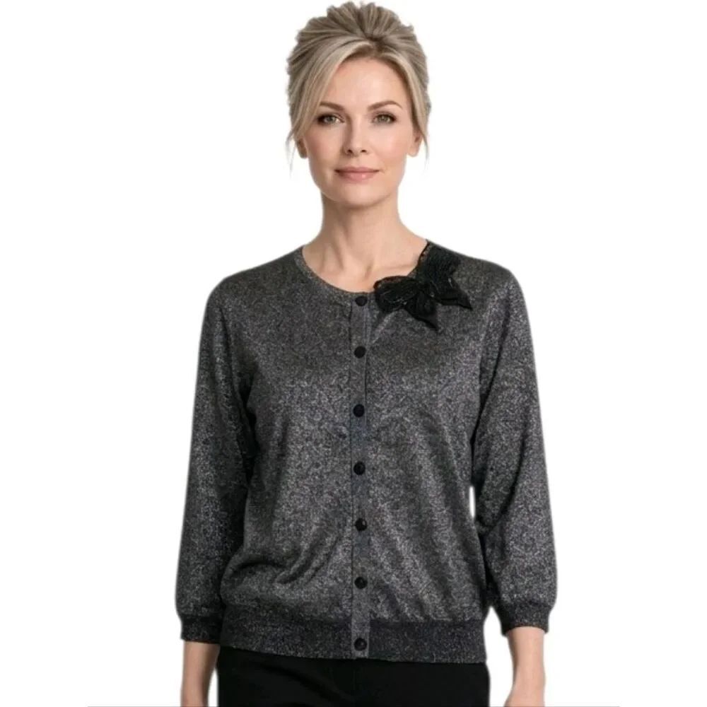 August Silk Black Sparkle Beaded Bow Accent 3/4 Sleeve Sweather Size XL